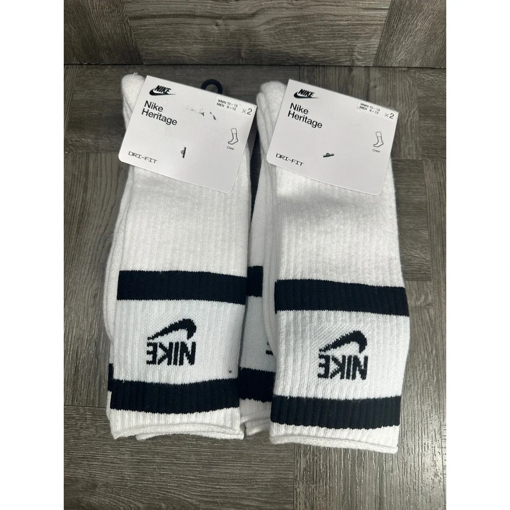 Nike Dri-FIT Crew Socks Mens L White Black Striped Athletic 4 Pairs NEW